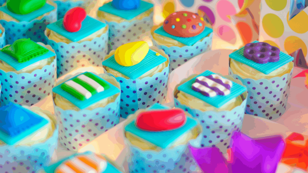 Colorful cupcakes in blue polka-dot wrappers, each topped with vibrant fondant shapes, are arranged on a lit display—reflecting the thoughtful arrangement and care that Marnoa Private Wealth Counsel brings to financial planning.