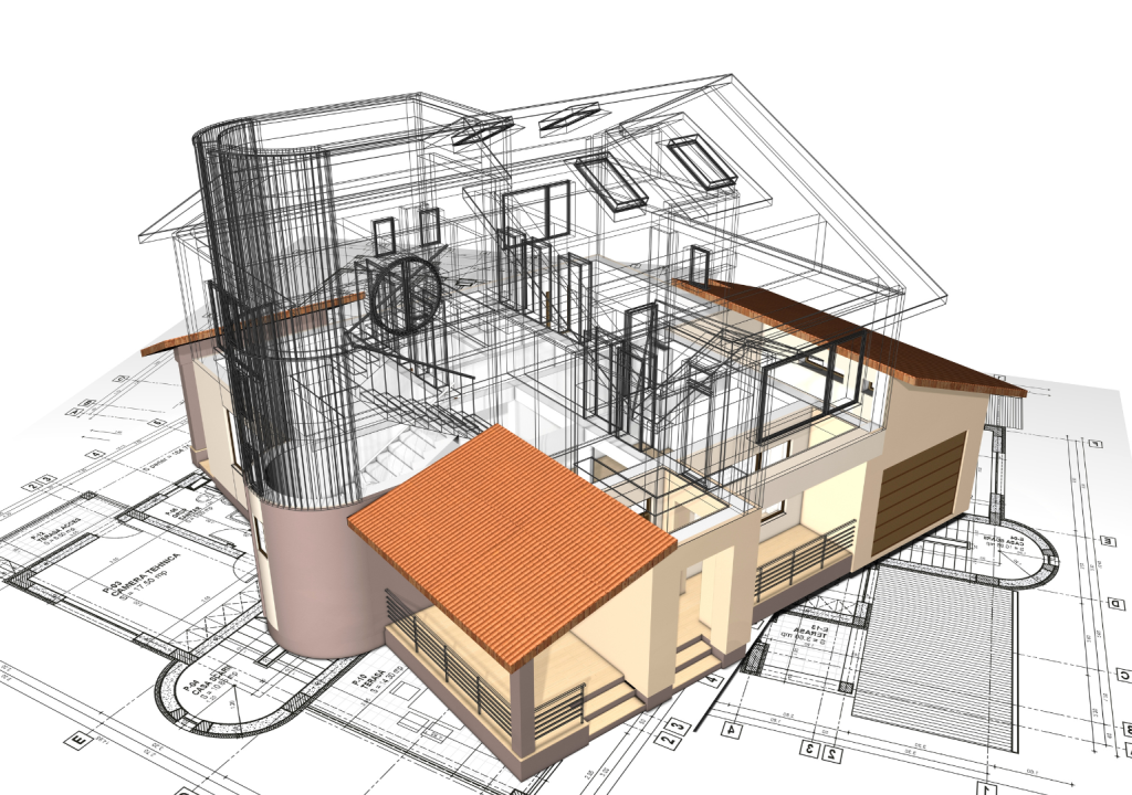 A 3D architectural rendering of a modern house with orange roofs blends with a transparent wireframe and floor plans, illustrating detailed design elements—much like Marnoa Private Wealth Counsel's approach to wealth management.