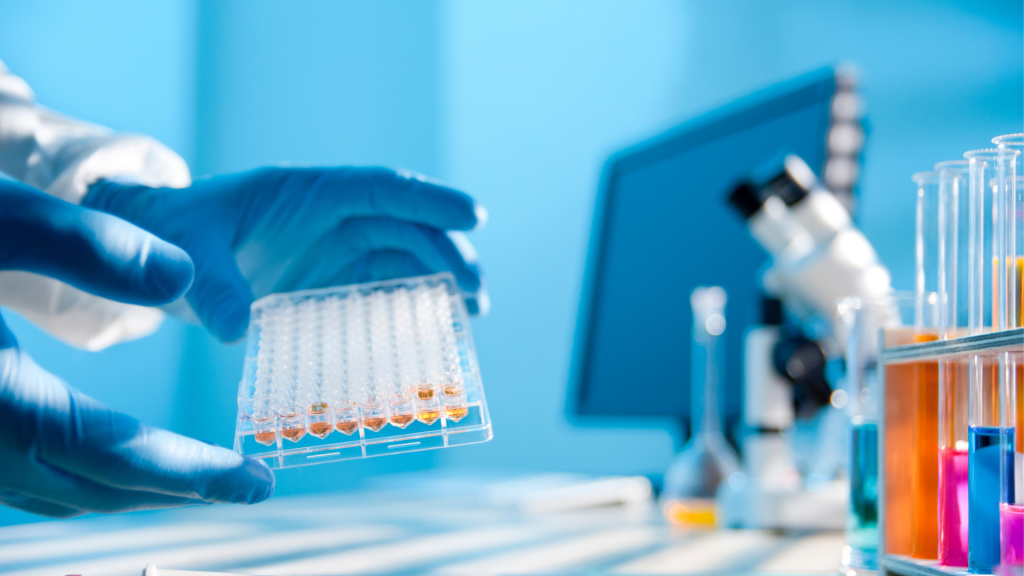 Gloved hands hold a microplate with samples in a laboratory, where test tubes and scientific equipment highlight the precision found in both research and financial planning, essential for growing wealth through cross-border services.